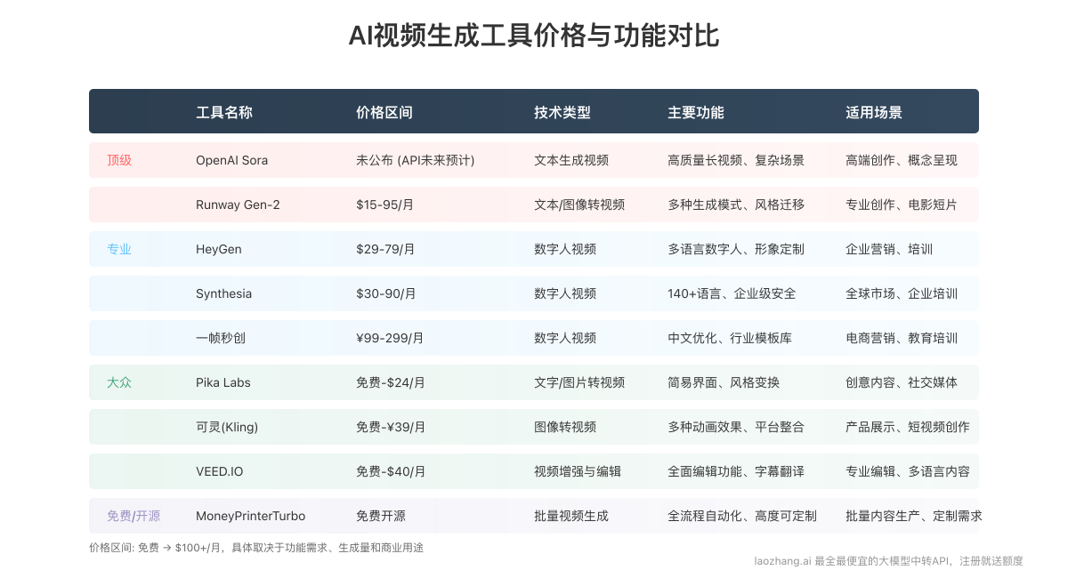 AI视频生成工具价格和功能对比图表
